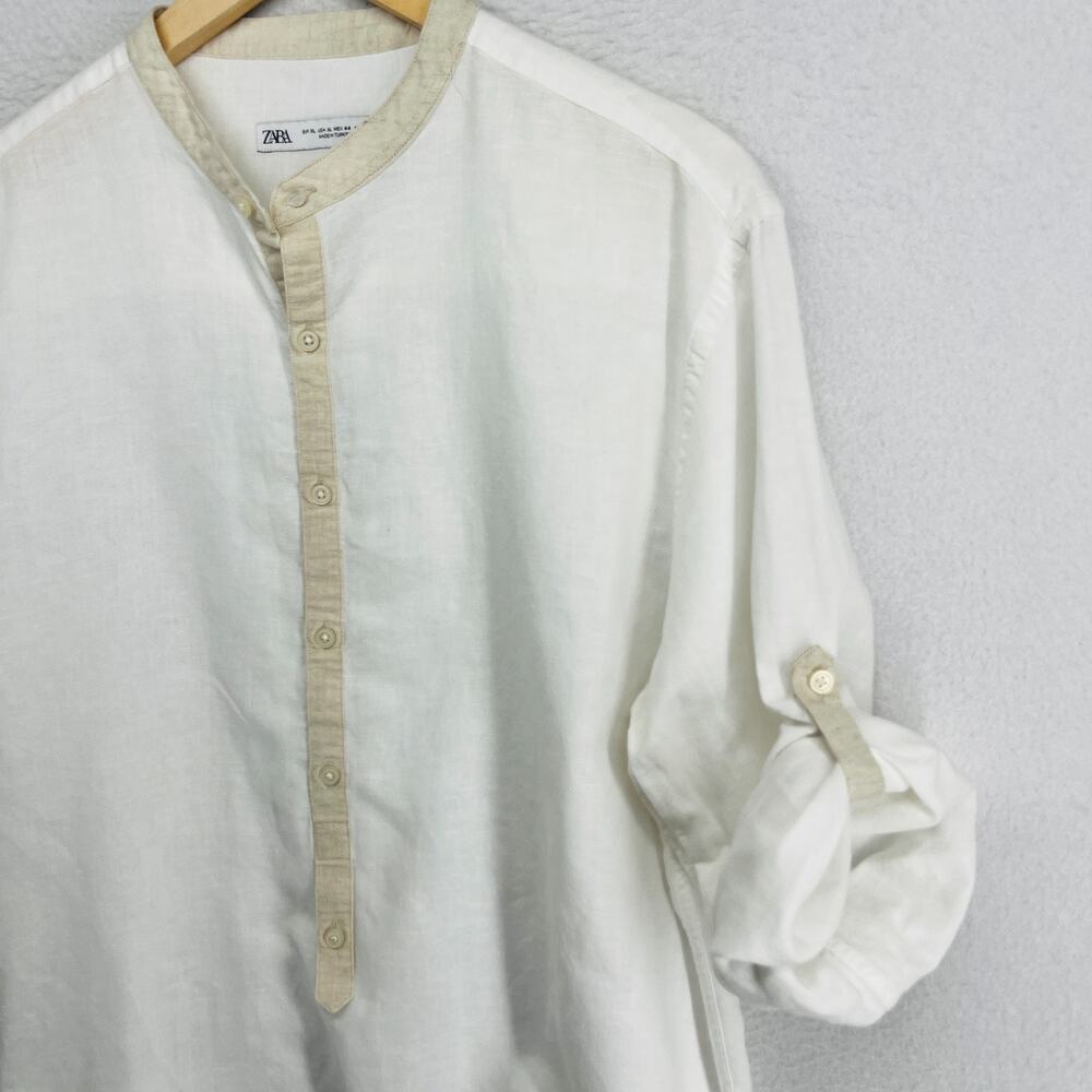 ZARA Shirt Mens XL Linen Blend Band Collar Henley Roll Tab Sleeve White